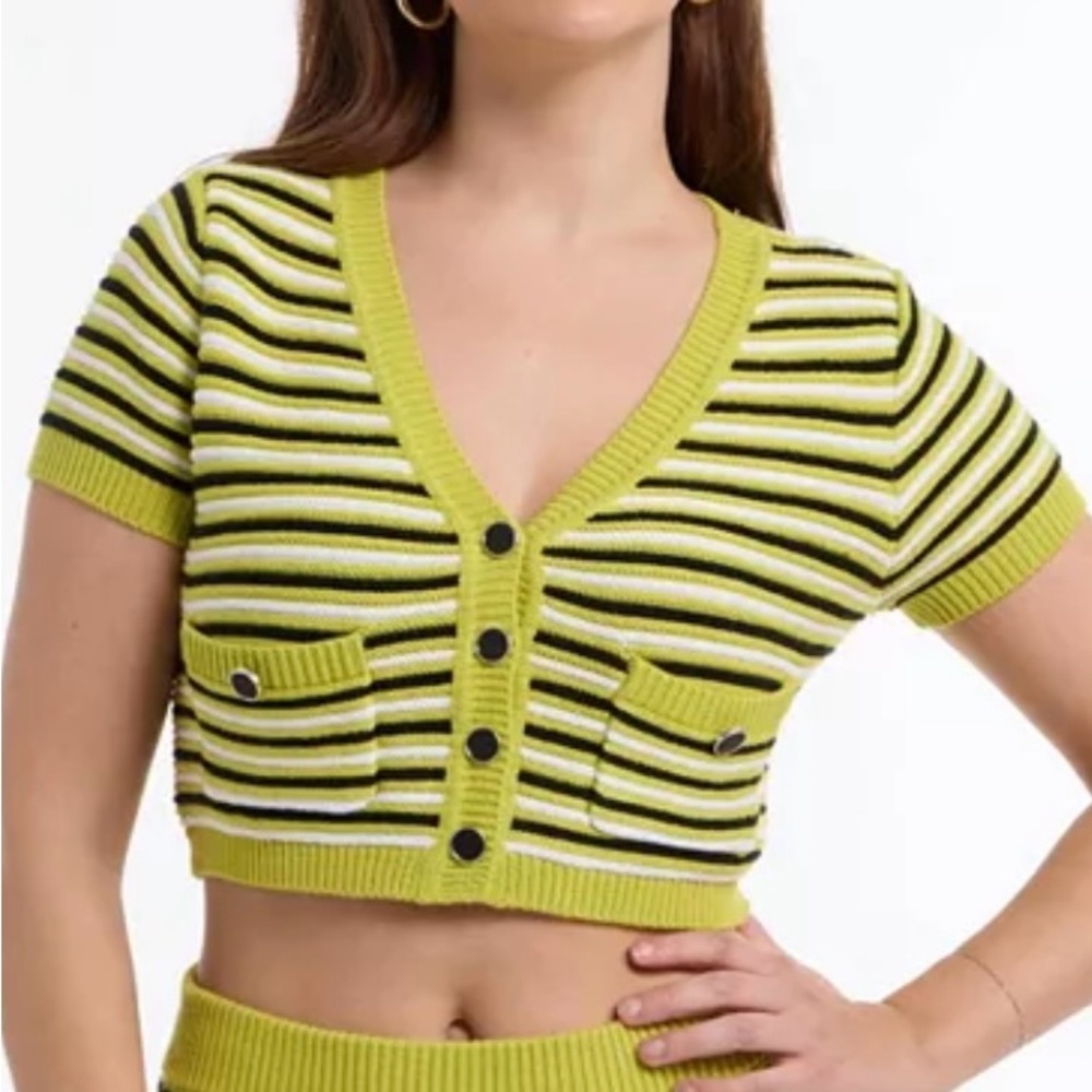 Bebe Women’s Button Front‎ Cropped Cardigan Sweater Yellow Black Size L NWT